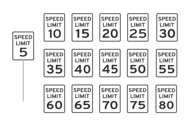 Speed limit road traffic icon signs set flat style design vector illustration Speed limit road traffic icon signs set flat style design vector illustration isolated on white background. Vertical standard road sign with text and numbers collection. speed limit sign stock illustrations