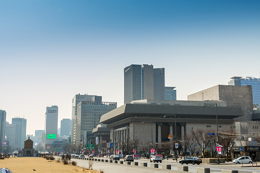 Modern skylines next to the famous Gwanghwamun Square in Seoul of South Korea