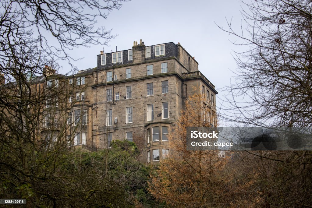 Traditional Buildings in New Town, Edinburgh Traditional Buildings next to Dean Bridge, in Edinburgh, Scotland. Photo taken from Dean Gardens. Ancient Stock Photo
