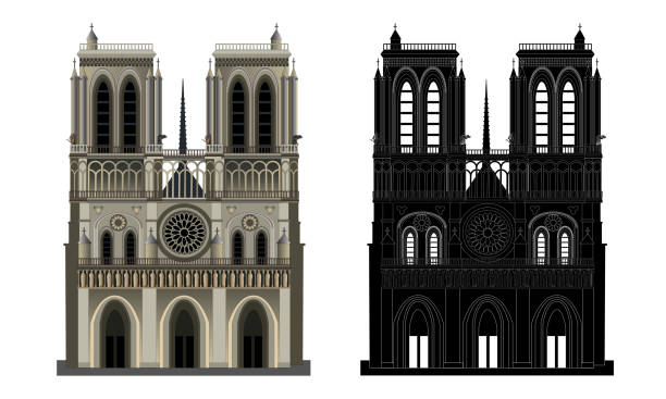 notre dame katedrali, ön cephe görünümü, vektör izole - notre dame stock illustrations