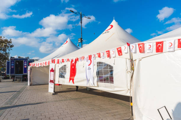 Exterior view of Turkish Red Crescent tents stock photo