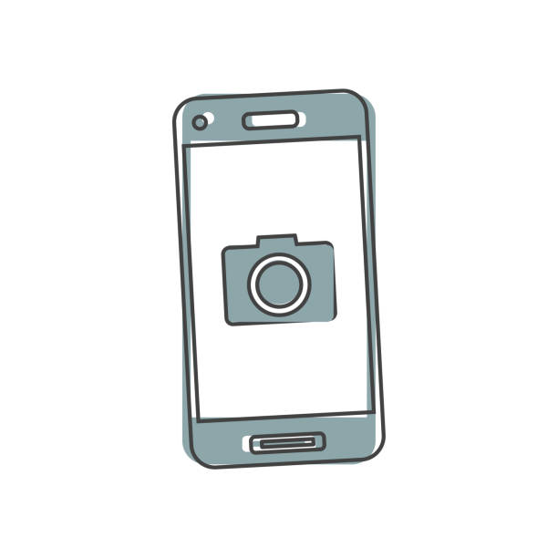 白い孤立した背景に携帯電話の漫画スタイルのベクトルカメラのアイコン。 - 写真メール点のイラスト素材／クリップアート素材／マンガ素材／アイコン素材