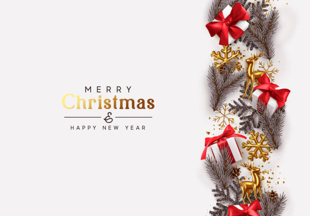istock Christmas background. Holiday Border line of Christmas elements, pine branches, golden deer, whie gift boxes red bow, glitter gold confetti, metallic 3d snowflakes. Xmas design 1288432753