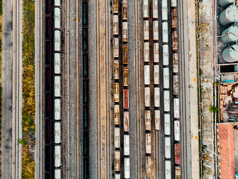 Aerial View of Freight Trains and Railway Station