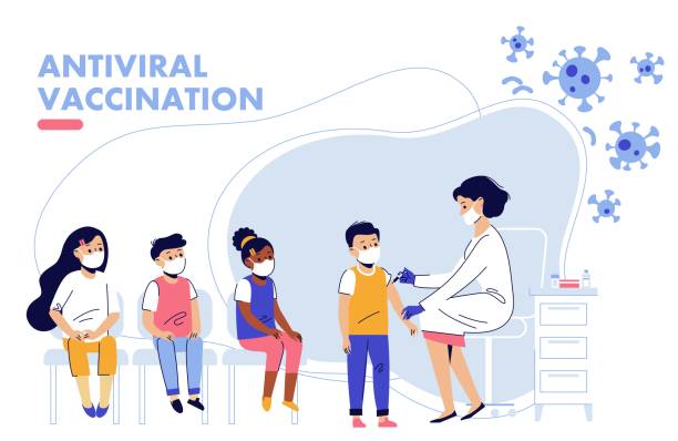 ilustrações, clipart, desenhos animados e ícones de conceito de vacinação infantil para a saúde da imunidade. covid-19. - vacina