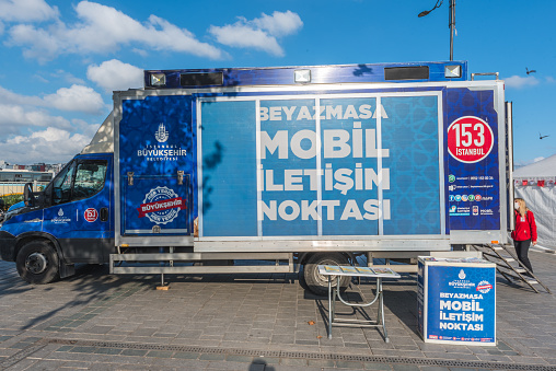 Facade view of Istanbul Municipality mobile internet communication vehicle for people.Istanbul,Turkey.16 November 2020