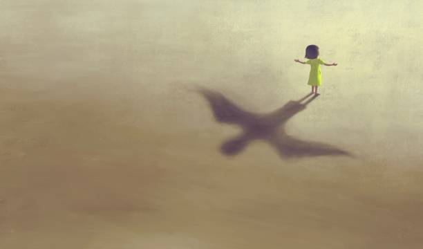imagination artwork ,Girl with flying bird shadow , painting art, conceptual illustration,  freedom  ambition life and hope concept,  surreal child dream imagination artwork ,Girl with flying bird shadow , painting art, conceptual illustration,  freedom  ambition life and hope concept,  surreal child dream shadow illustrations stock illustrations