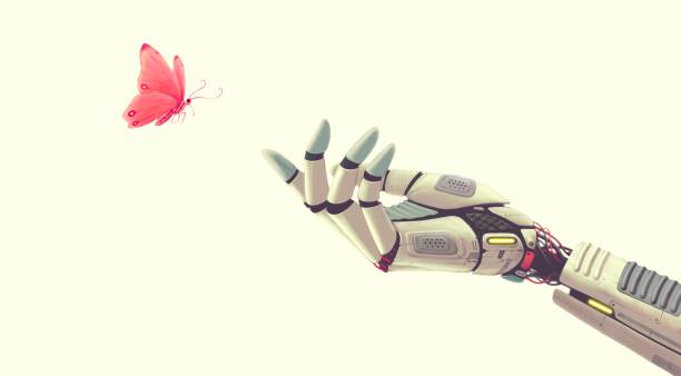 istock Technology and nature concept, surreal artwork, robot hand with dragonfly , conceptual of happiness freedom and hope ,futuristic painting 3D illustration , science 1288437409