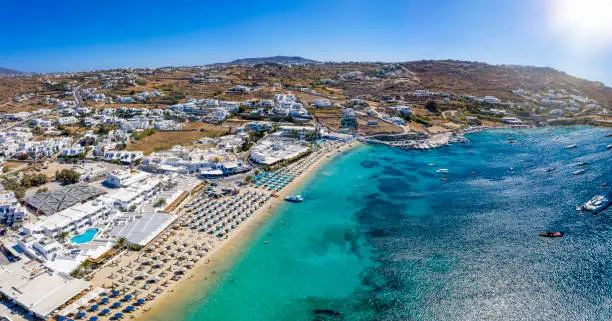 Photo of Panoramic aerial view to the popular beach of Ornos, Mykonos island, Greece