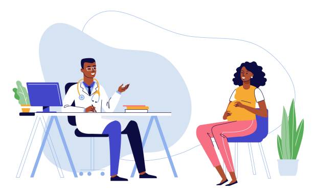 ilustrações de stock, clip art, desenhos animados e ícones de medicine concept with black doctor and pregnant woman. - medico consultorio