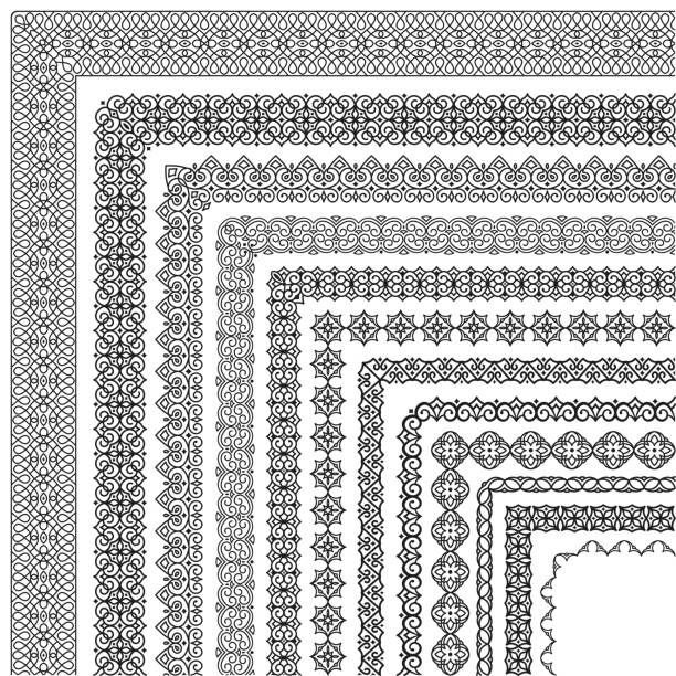 Vector set of corner brushes in a modern and traditional oriental style. Brushes included in the file Vector set of corner brushes in a modern and traditional oriental style. Elegant floral ornament. Collection of wide, narrow boarders for frame, edging, border, certificate, books, covers, invitations filigree border stock illustrations