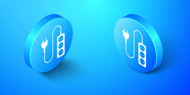 izometryczna elektryczna ikona przedłużacza izolowana na niebieskim tle. gniazdo wtykowe. niebieski przycisk koła. wektor - extension cord push button cable electric plug stock illustrations