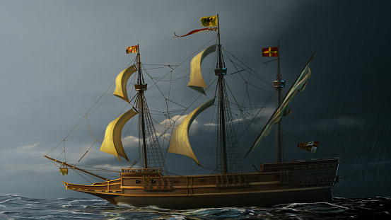Sailboat on the dramatic open sea under the coming storm. 3D render illustration with digital painting in postprocess.