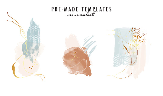 Abstract watercolor shapes gold geometric artwork. Tender neutral frames, buiness pack.