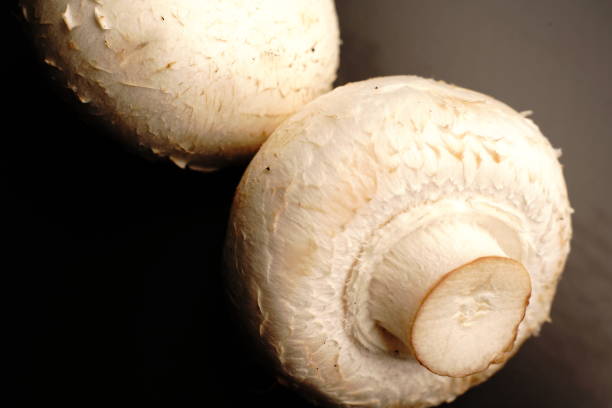 A crate of chestnut mushrooms for sale in Borough Market, a famous indoor produce market in Southwark, South East London.