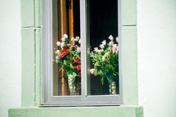 Window with fake, artificial flower pots decoration. Galicia, Spain.