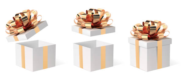 Gift box with ribbon, vector isolated illustration. Gift box with ribbon, vector isolated illustration. Open and closed present with a gold bow. Xmas boxes set. EPS 10. present box stock illustrations