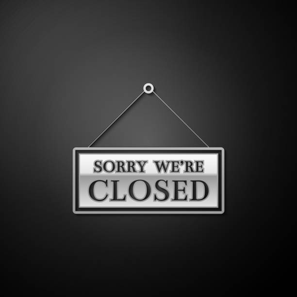 istock Silver Hanging sign with text Sorry we're closed icon isolated on black background. Long shadow style. Vector 1288451405