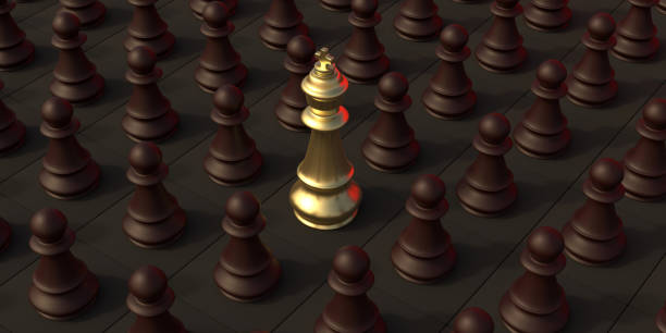 istock One chess king gold, brown pawns crowd around, black background. 3d illustration 1288451516
