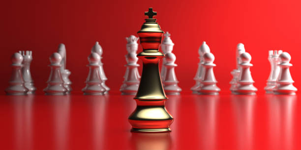 istock Chess king gold and white chess set on red background. 3d illustration 1288451524