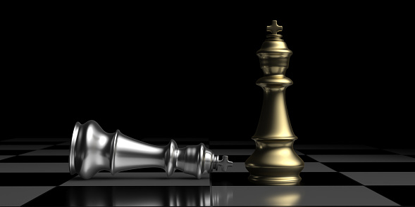 Winner, checkmate. Winner golden chess king standing up and silver king laying down on a chessboard . Victory, win, success concept. 3D illustration.