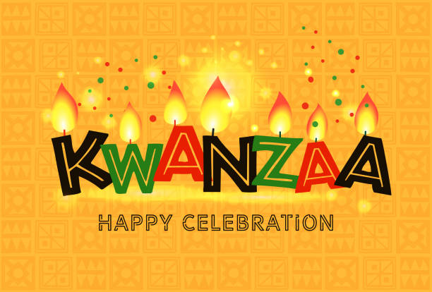 banner für kwanzaa mit traditionellen farbigen und kerzen auf gelbem hintergrund, die die sieben prinzipien oder nguzo saba darstellen. - kwanzaa stock-grafiken, -clipart, -cartoons und -symbole