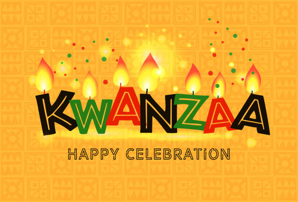 illustrations, cliparts, dessins animés et icônes de bannière pour kwanzaa avec la couleur traditionnelle et les bougies sur le fond jaune représentant les sept principes ou nguzo saba. - kwanzaa