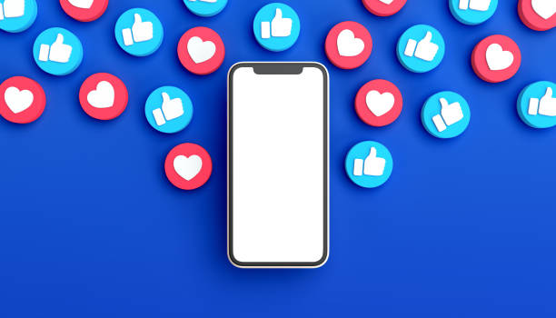 istock Social network post mockup in a phone surrounded by like notifications. 3D rendering. White screen 1288453575
