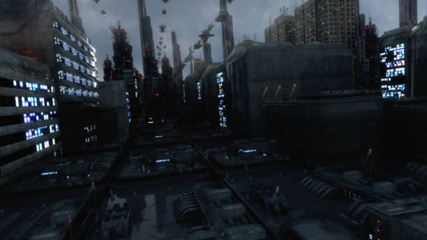 istock 3d rendering. Futuristic city and spaceships 1288454689