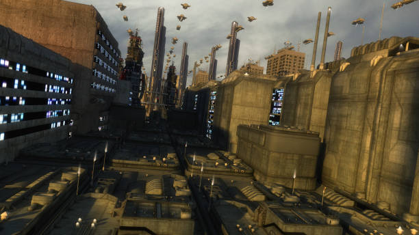 istock 3d rendering. Futuristic city and spaceships 1288455687
