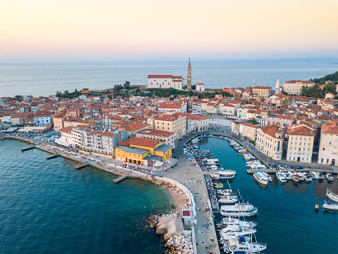 Aerial view of marina and old town Piran, Slovenia