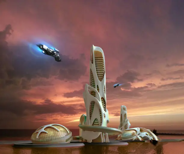 Marina city skyline with futuristic, organic architectural structures and hovering aircrafts, for science fiction 3D illustration backgrounds.