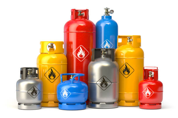 different types of gas bottles isolated on white background. - botija de gas imagens e fotografias de stock