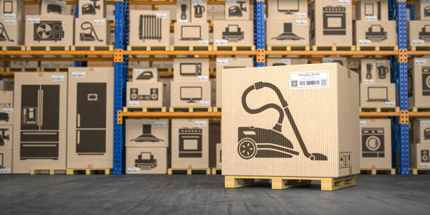 istock Vacuum cleaner in warehouse with household appliances and kitchen electronics in boxes. Online purchase, shopping  and delivery concept. 1288462362