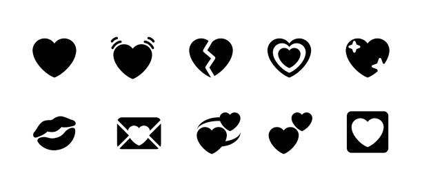 하트 사랑 벡터 아이콘 세트. 심장, 커플, 웨딩 이모티콘, 기호 컬렉션, 팩 - love valentines day heart shape kissing stock illustrations