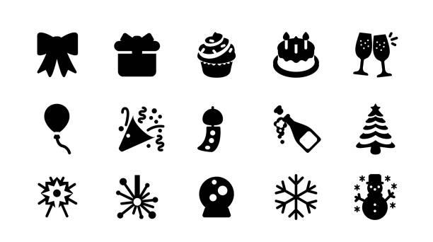 feier vektor-symbole gesetzt. geburtstags-geschenk-box, kuchen, champagner, funkelt, feuerwerk, weihnachtsbaum, schneemann, party-symbole-sammlung - vektor - food and drink holidays and celebrations isolated objects birthdays stock-grafiken, -clipart, -cartoons und -symbole