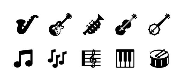 ilustraciones, imágenes clip art, dibujos animados e iconos de stock de conjunto de iconos vectoriales de instrumentos musicales. saxofón, guitarra eléctrica, trompeta, violín, violonchelo, banjo, piano, teclado, batería colección de símbolos musicales - musical instrument violin sheet music music