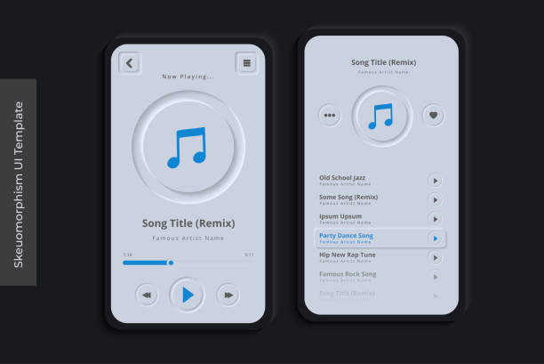 Clean Skeuomorphism UI or Neumorphism Mobile Music App with 3D Indent Button Icons on Modern Bezel Background User Interface Template vector art illustration