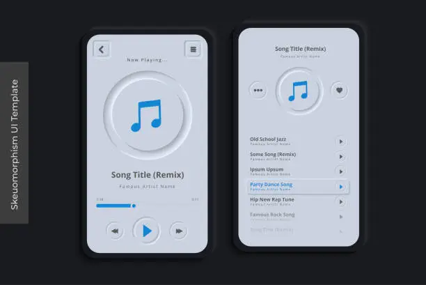 Vector illustration of Clean Skeuomorphism UI or Neumorphism Mobile Music App with 3D Indent Button Icons on Modern Bezel Background User Interface Template