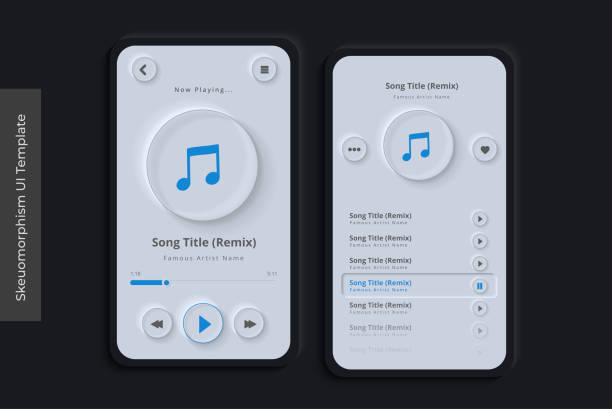 Clean Skeuomorphism UI or Neumorphism Mobile Music Streaming App with 3D Indent Button Icons on Modern Bezel Background User Interface Template vector art illustration
