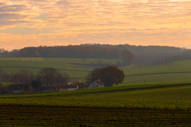 Amazing colourful sunrise with clouds attached like dots to the sky and the dew over the agricultural fields in Riemst near Maastricht. Turning this image into a magical scenery