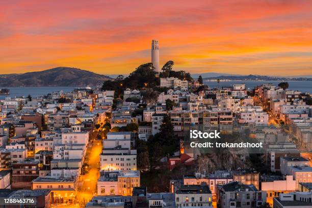 Coit Tower Dusk San Francisco With Sunset Sky Stock Photo - Download Image Now - San Francisco - California, Coit Tower, Sunset