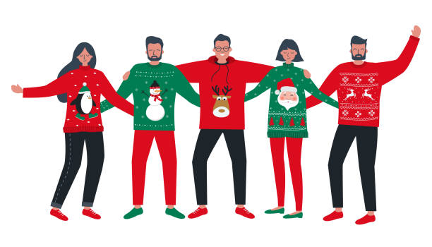 Ugly Christmas Sweater Party. Young people in red and green Christmas sweaters Ugly Christmas Sweater Party. Young people in red and green Christmas sweaters with deer, snowman, penguin. Best friends are stand together and hug. Vector illustration. christmas sweater stock illustrations