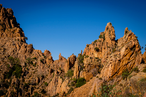 Rock formations in the  bizzare landscape of Calanche de Piana, located in n the Gulf of Porto, on the west coast of Corsica, France.