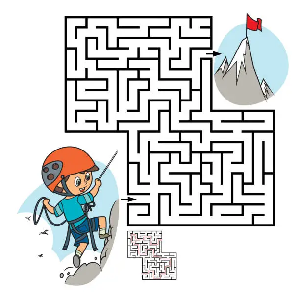 Vector illustration of Maze, Boy climbing on a rock mountain with equipment