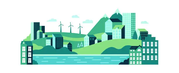 Vector illustration of Eco urban city landscape with buildings, hills and mountains. Sustainable energy supply with windmills