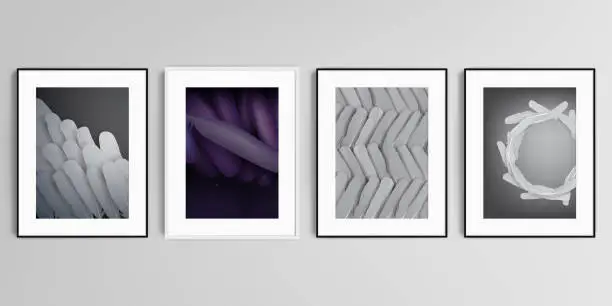 Vector illustration of Realistic vector set of picture frames in A4 format isolated on gray background. Feathers, birds plumage in abstract style. Graphic pattern. Vector illustration design.