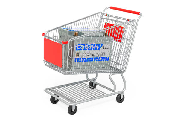 Car battery inside shopping cart, 3D rendering isolated on white background
