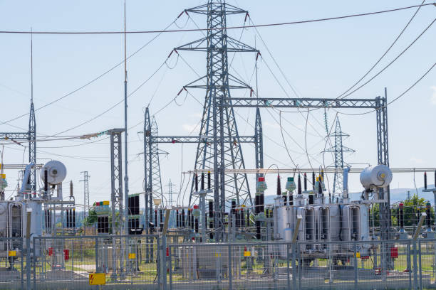 Electric power transmission Electric power transmission. Equipment in an electrical sub station electricity substation photos stock pictures, royalty-free photos & images