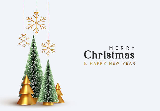 クリスマスと新年の背景。クリスマスツリーマミモ緑豊かな木。円錐抽象ゴールドクリスマスツリー。リボンにぶら下がっている雪片。明るい冬の休日の構成。グリーティングカード、バナ� - クリスマス点のイラスト素材／クリップアート素材／マンガ素材／アイコン素材